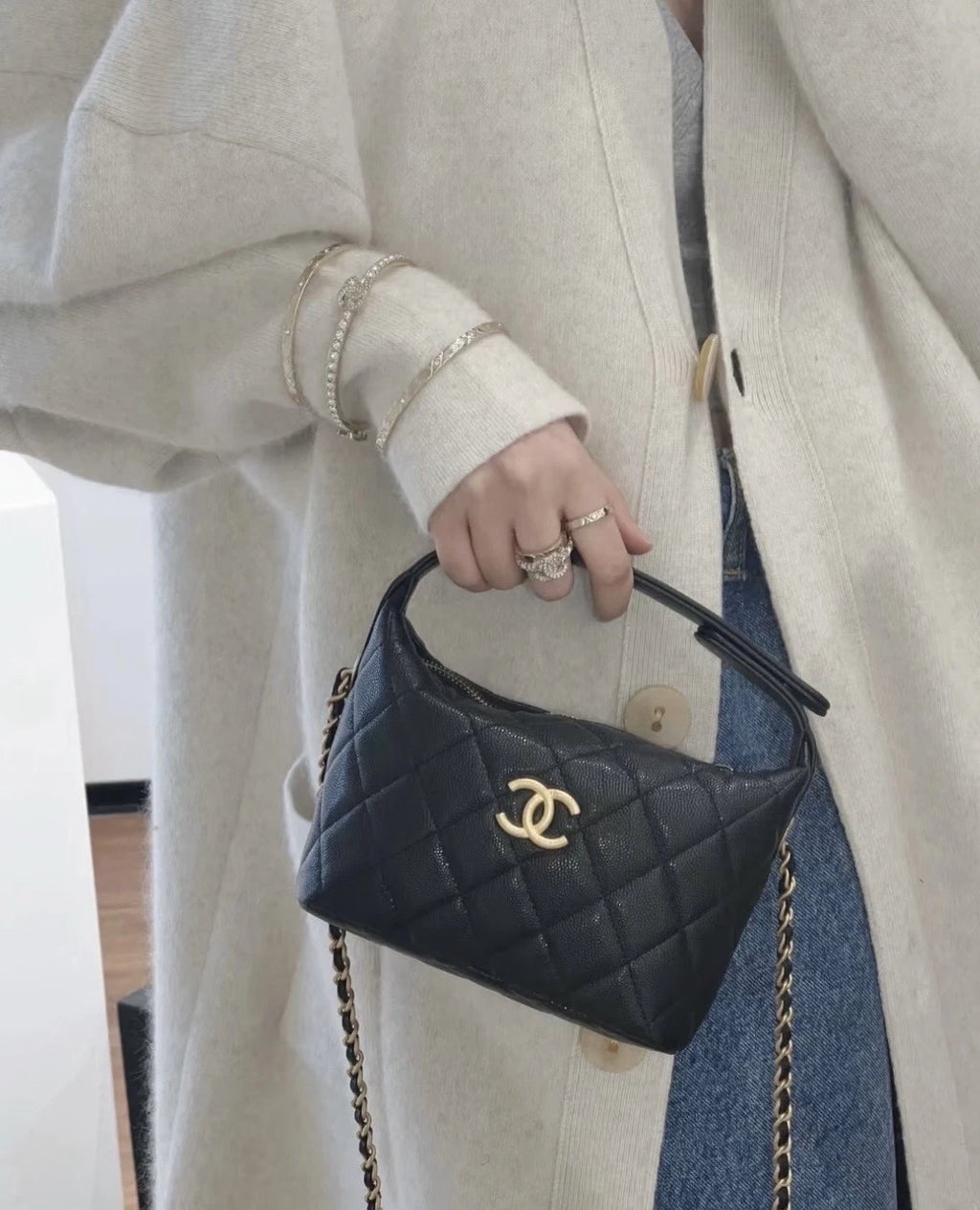 Chanel Vanity Black Gold Crossbody Handbag Excellent