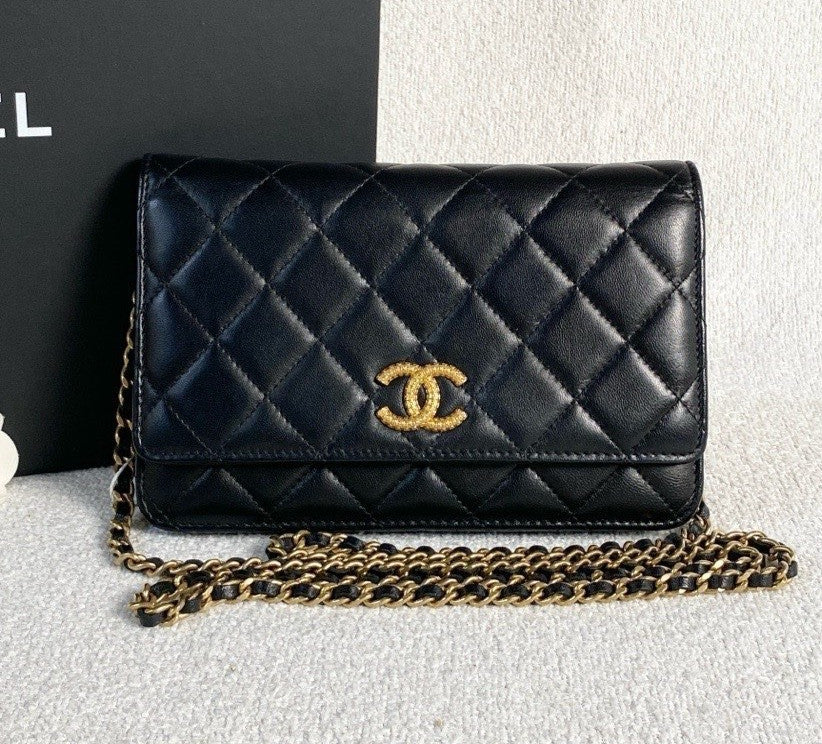 Chanel WOC Lambskin Chain Shoulder Bag Crossbody Black Gold Women Classic