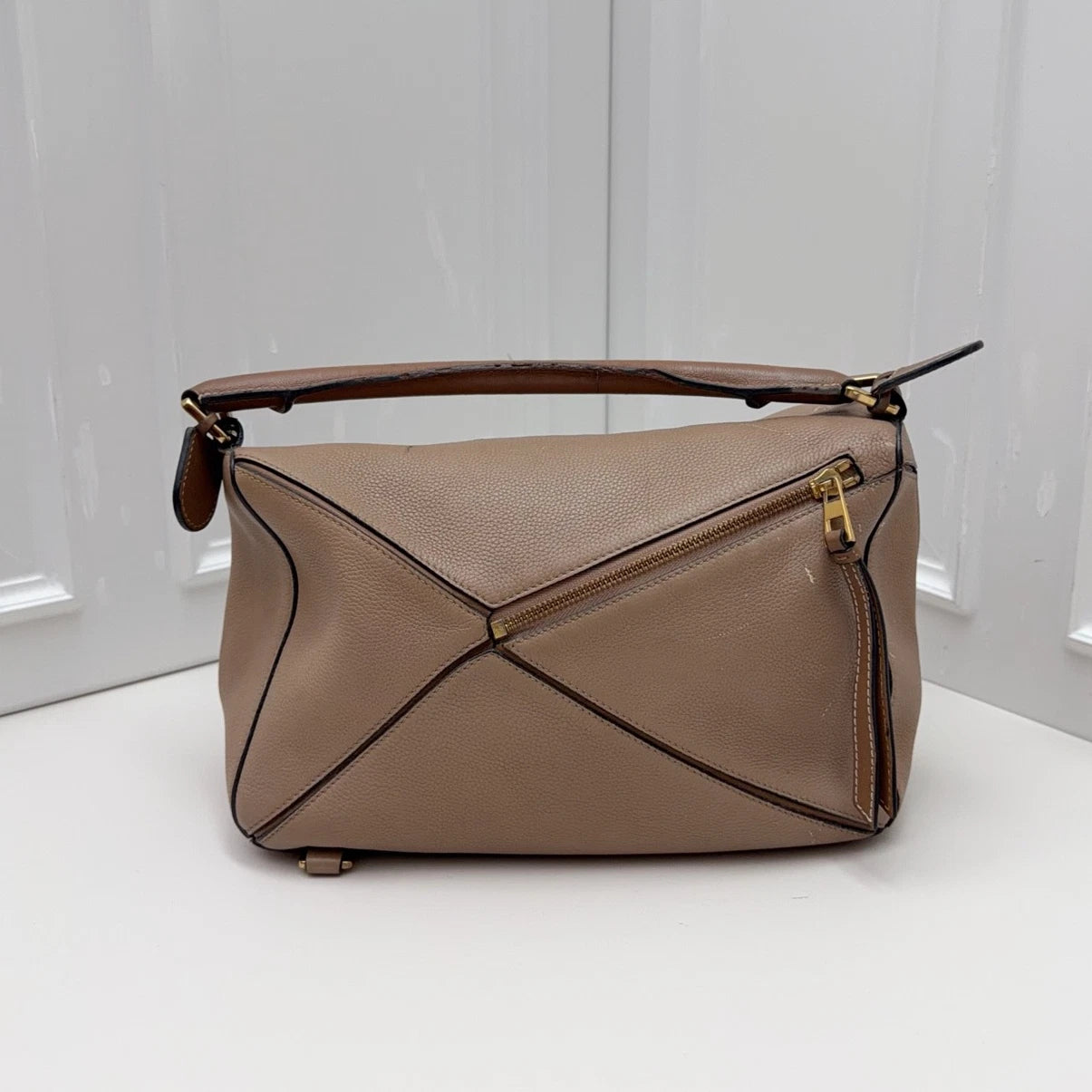 Loewe Puzzle Calfskin Top Handle Crossbody Bag Beige Gold Hardware Women