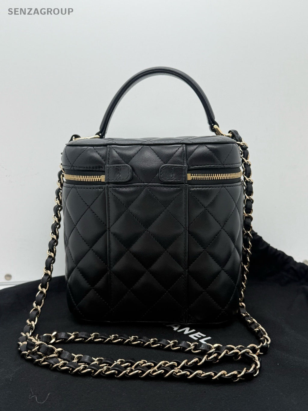 CHANEL Diamond Box Top Handle Lambskin Chain Shoulder Handbag Black Gold Women