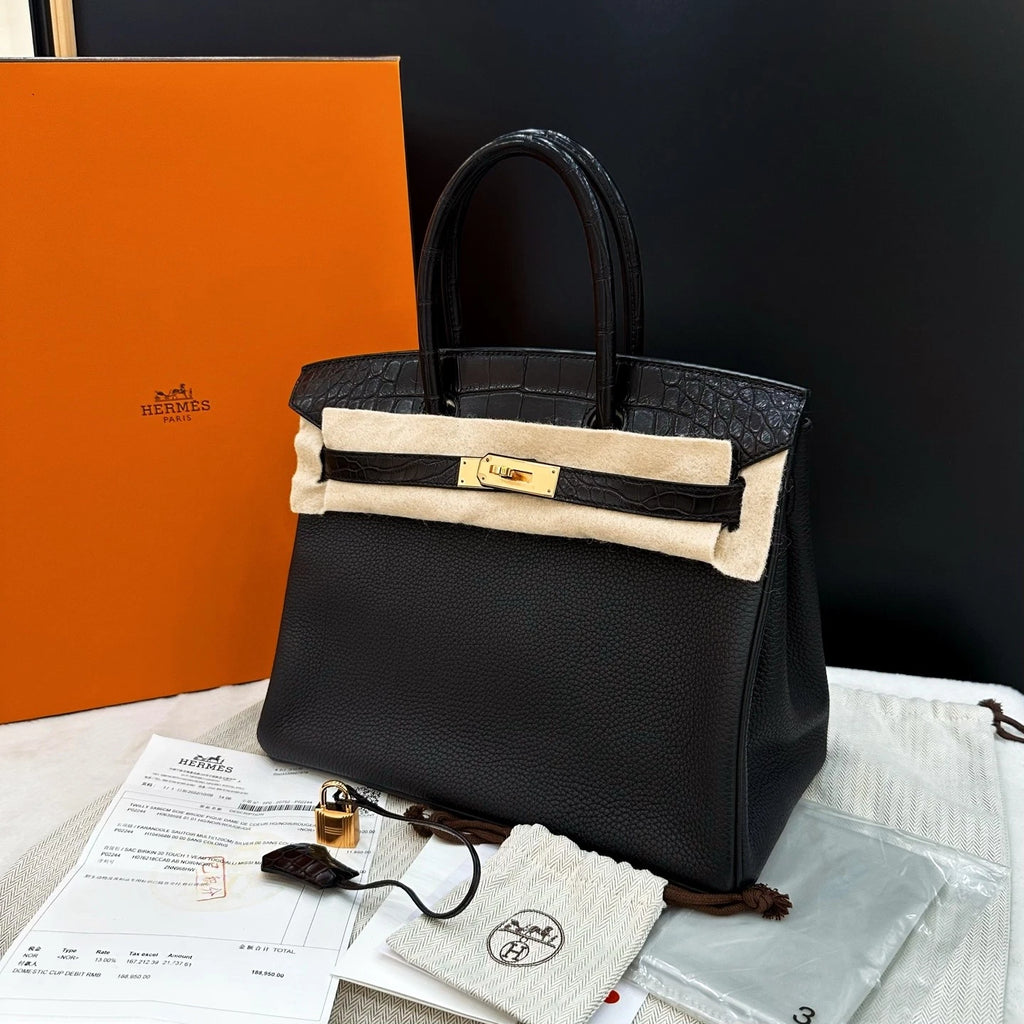 Hermes Birkin30 Black Gold Togo Leather Handbag For Women
