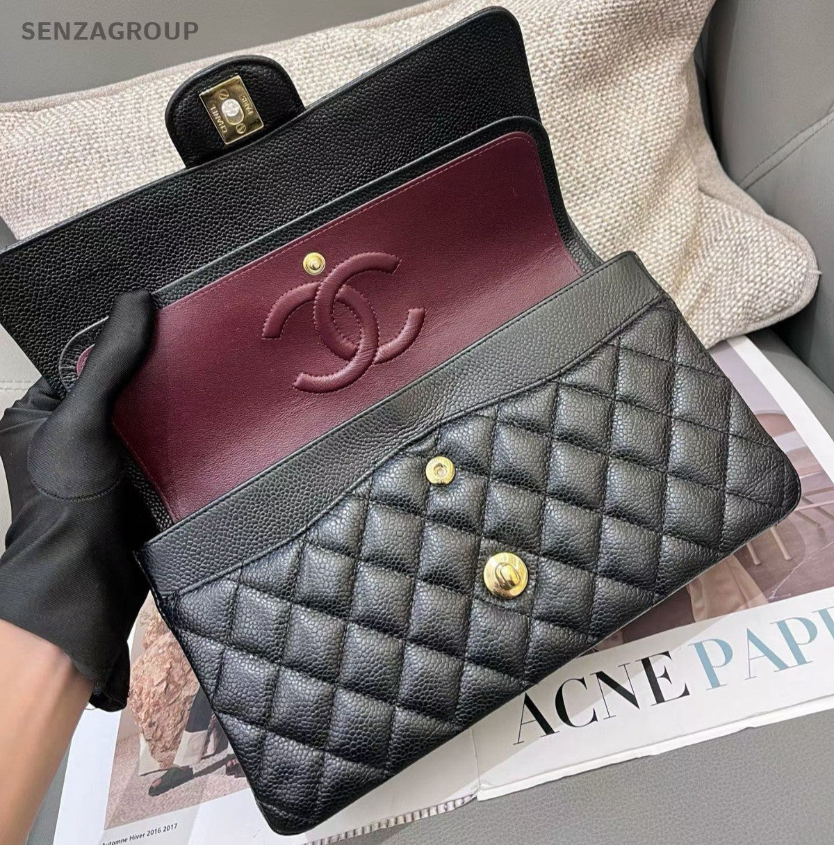 Chanel Classic Flap MM Chain Shoulder Bag Black Gold Diamond Women Fashion