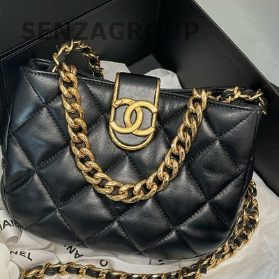 Chanel Black Gold Lamb Skin Hobo Chain Shoulder Bag Mini Women