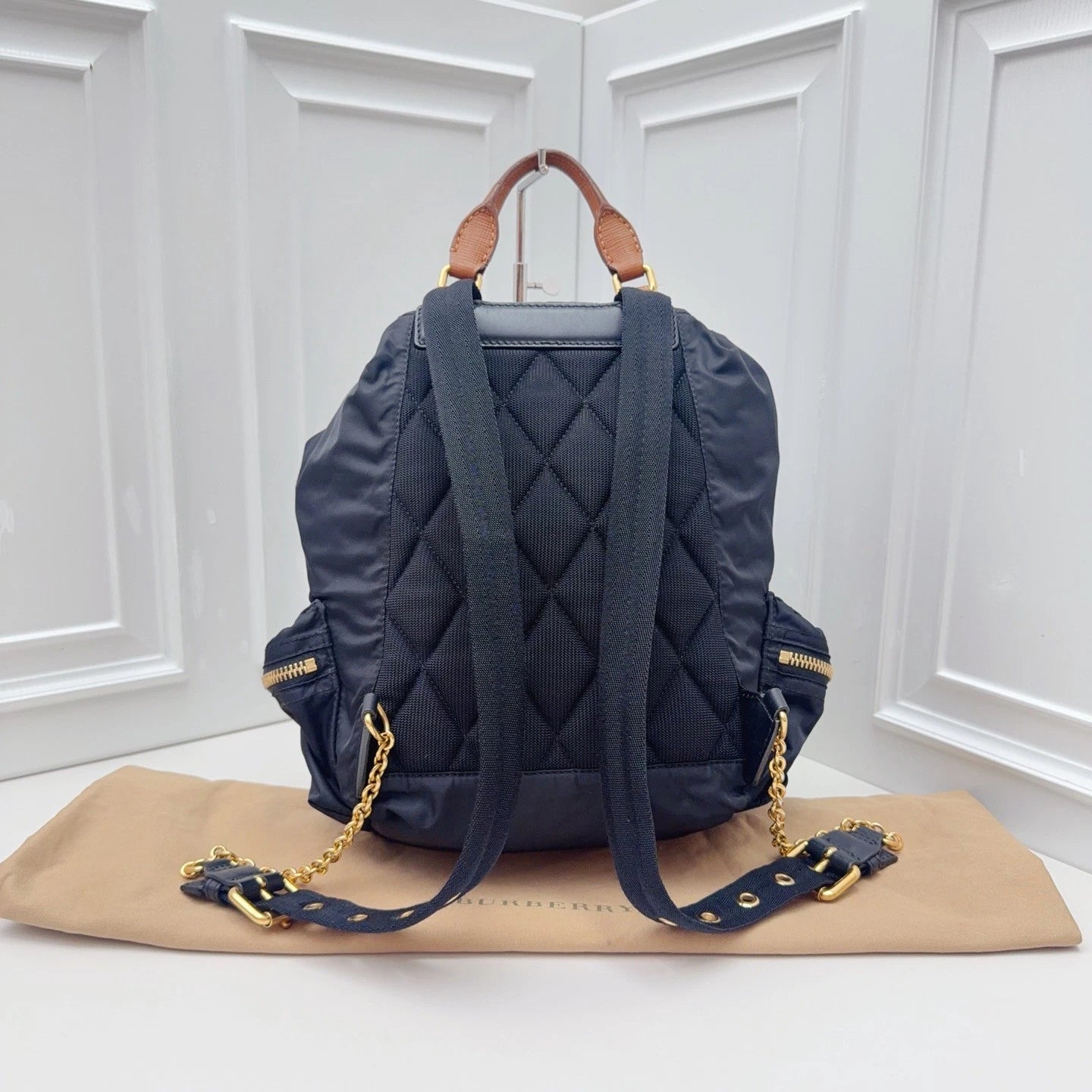 BURBERRY Nylon Backpack Black brown Gold Hardware Unisex Adults Classic