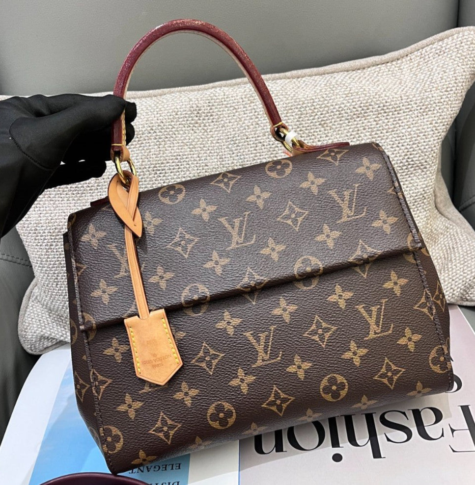 Louis Vuitton Cluny BB Monogram Top Handle Bag Crossbody Brown Red Women Classic