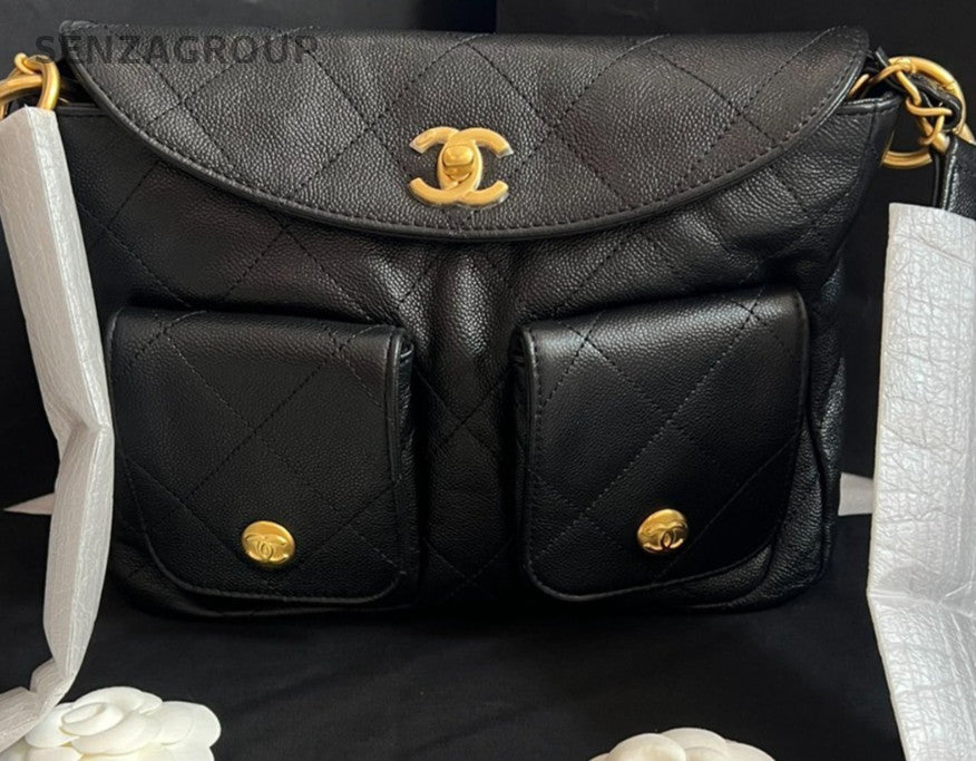 Chanel 25P PM Hobo Shoulder Bag Crossbody Black Gold Women Classic
