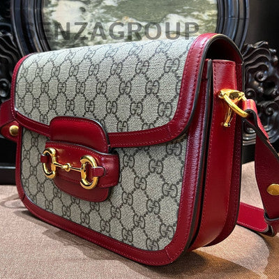 Gucci 1955 Horsebit Medium Shoulder Bag Red Beige Classic Women