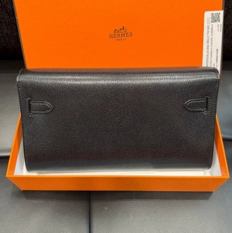 Hermes Kelly Togo Goatskin Shoulder Crossbody Bag Black Silver Women D