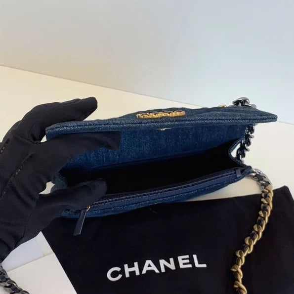 Excellent Chanel 19Bag WOC Mini Blue Denim Chain Top Handle Crossbody Bag GHW