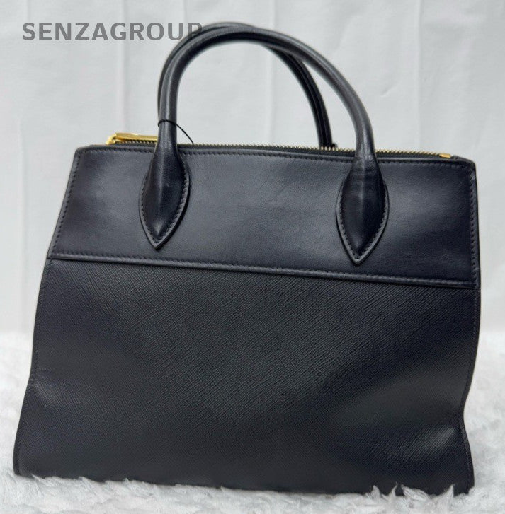 Prada Galleria PM Top Handle Bag Crossbody Black Gold Women Classic