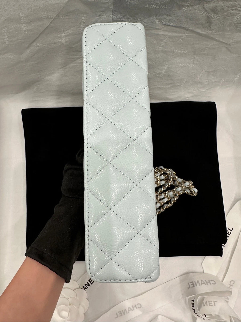 Chanel Light Blue Leather Detachable Gold Chain Lunch Box Bag For Women