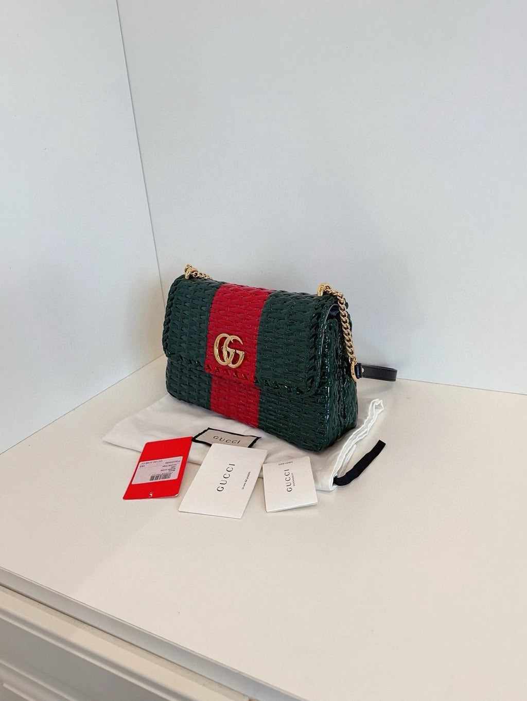 Gucci Women Green Red Striped Woven Chain Shoulder Bag