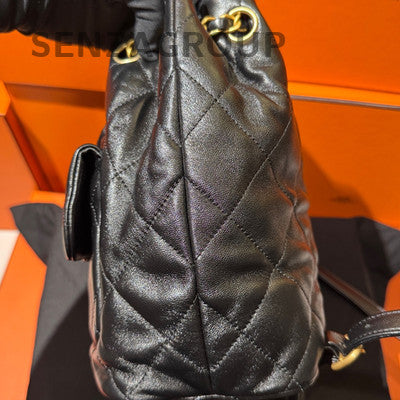 Chanel 25S Black Gold Chain Drawstring Backpack Quilted Women Fashion