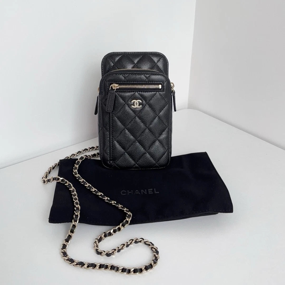 New Chanel Calfskin Phone Bag Gold Chain Black Crossbody Diamond
