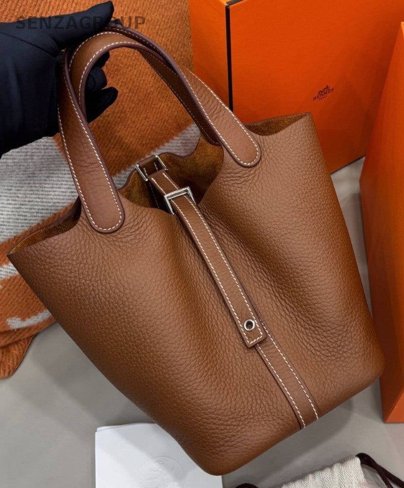 Hermes Picotin Lock Silver Hardware Tote Shoulder Bag Brown Used Women Classic