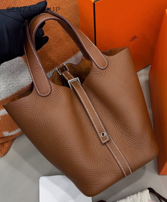 Hermes Picotin Lock Silver Hardware Tote Shoulder Bag Brown Used Women Classic