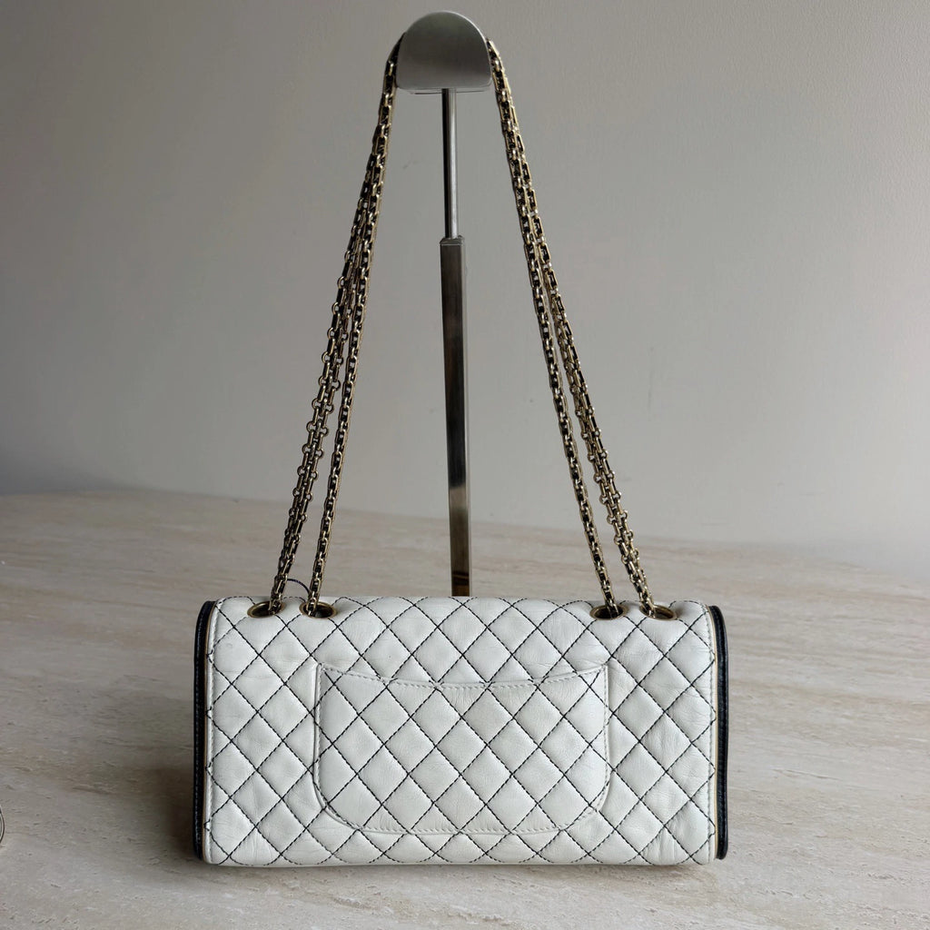 Chanel 2.55 Diamond Baguette Gold Chain Shoulder Bag in White Leather