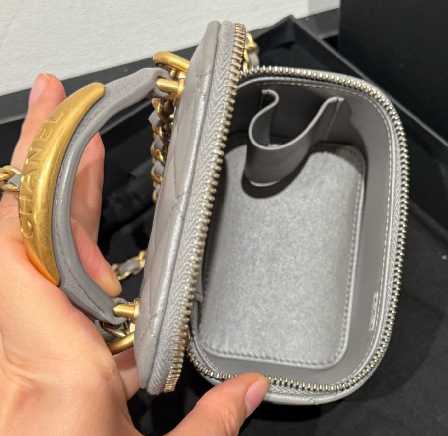 Chanel Vanity Case Chain Shoulder Bag Crossbody Gray Gold Diamond Women Classic