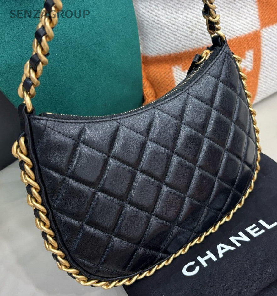 Chanel 23B Hobo Chain Shoulder Bag Diamond Black Gold Women Classic Fashion