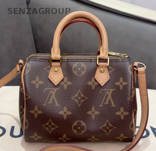 Louis Vuitton Speedy Nano Monogram Top Handle Bag Crossbody Brown Gold Women