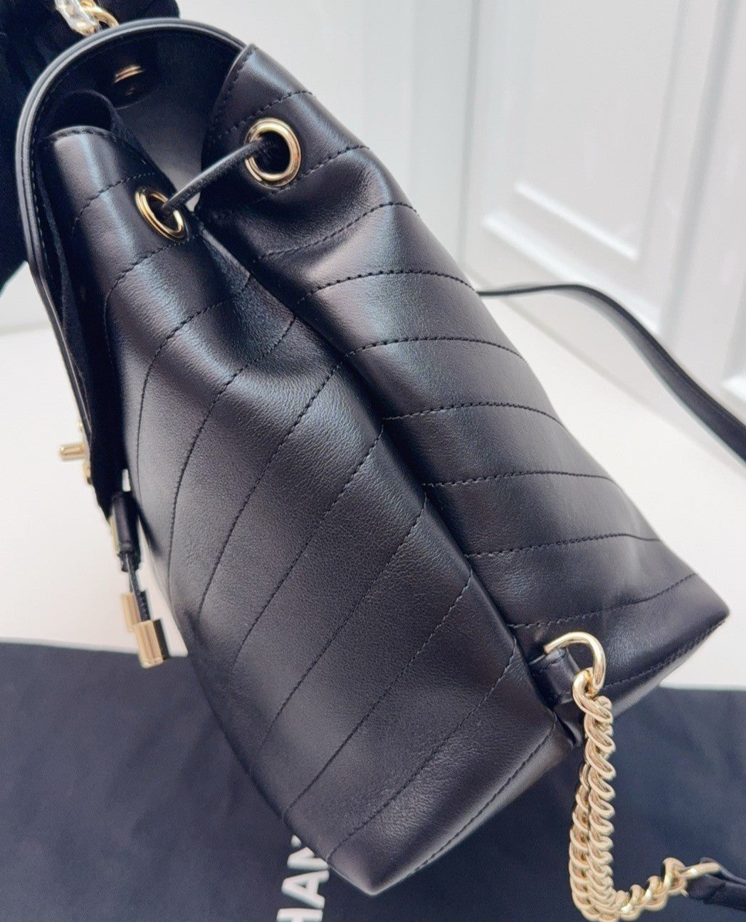Chanel Calfskin Chain Backpack Black Gold Used Women Classic Vintage