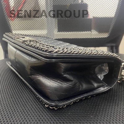 Chanel Le Boy Medium Black Silver Calfskin Quilted Shoulder Bag Classic