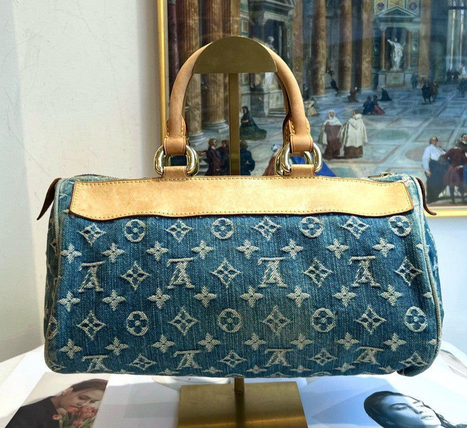 Louis Vuitton Boston Denim Monogram Top Handle Bag Blue Gold Women Classic