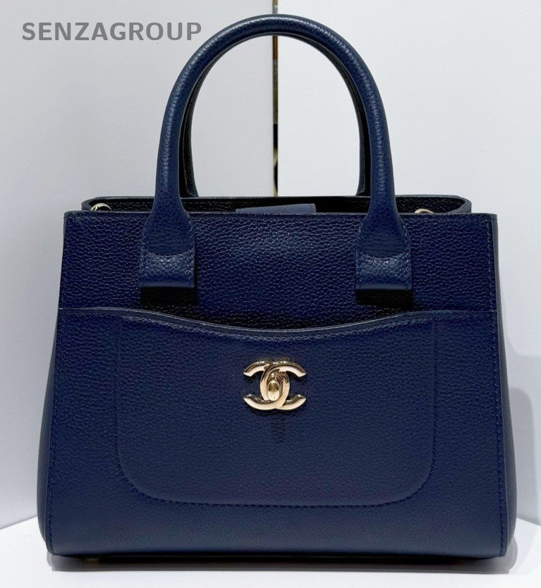 Chanel Calfskin Mini Top Handle Shoulder Bag Blue Gold Women Classic Designer