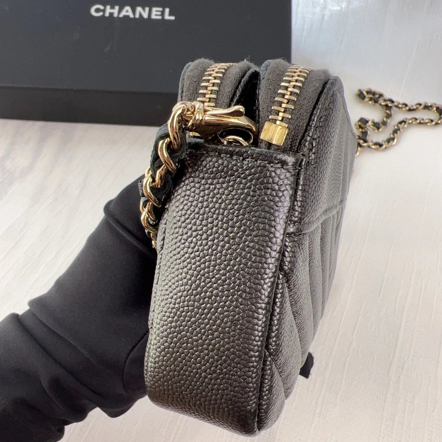 CHANEL Black Gold Caviar Leather WOC Shoulder Bag For Women