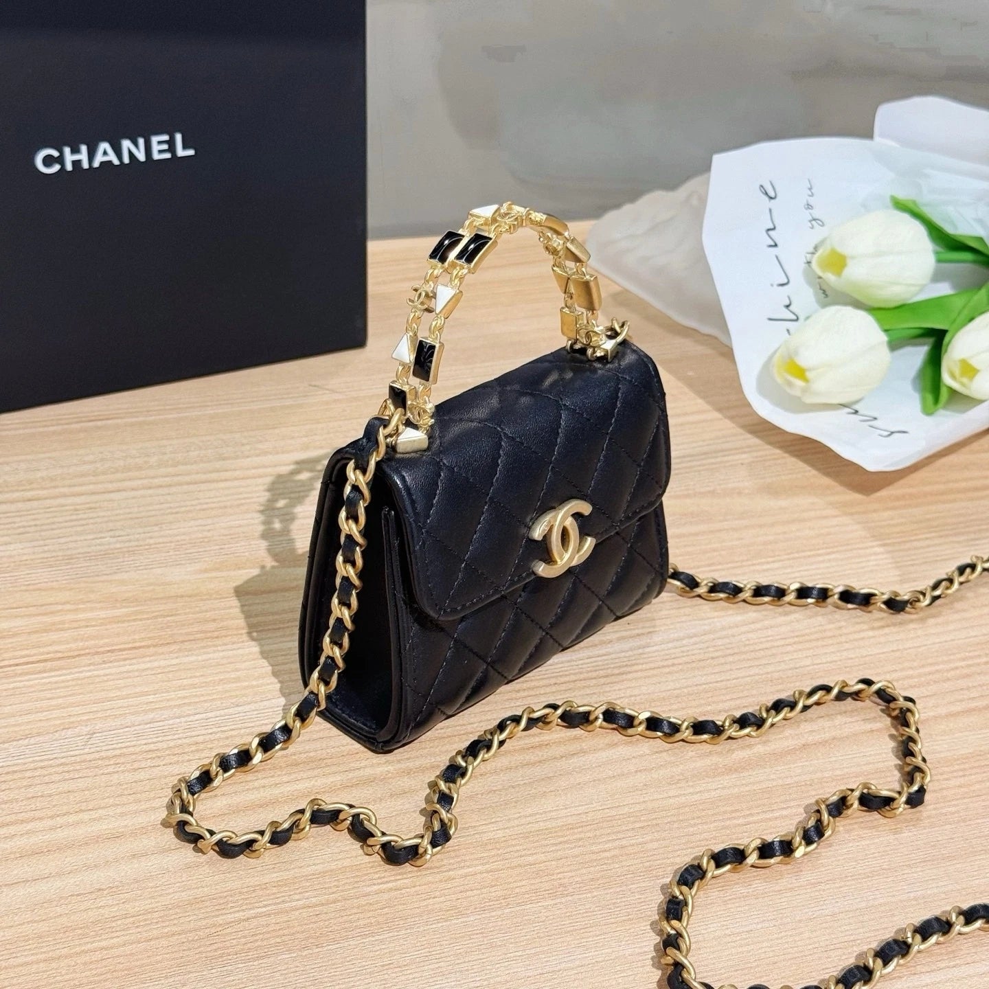 CHANEL Leather Black Gold Kelly Mini Top Handle Bag For Women