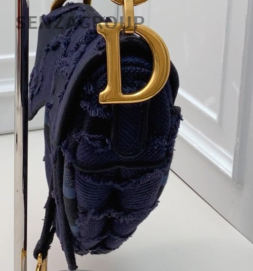 Christian Dior Embroidered Canvas Camouflage Saddle Shoulder Bag Blue Gold Women