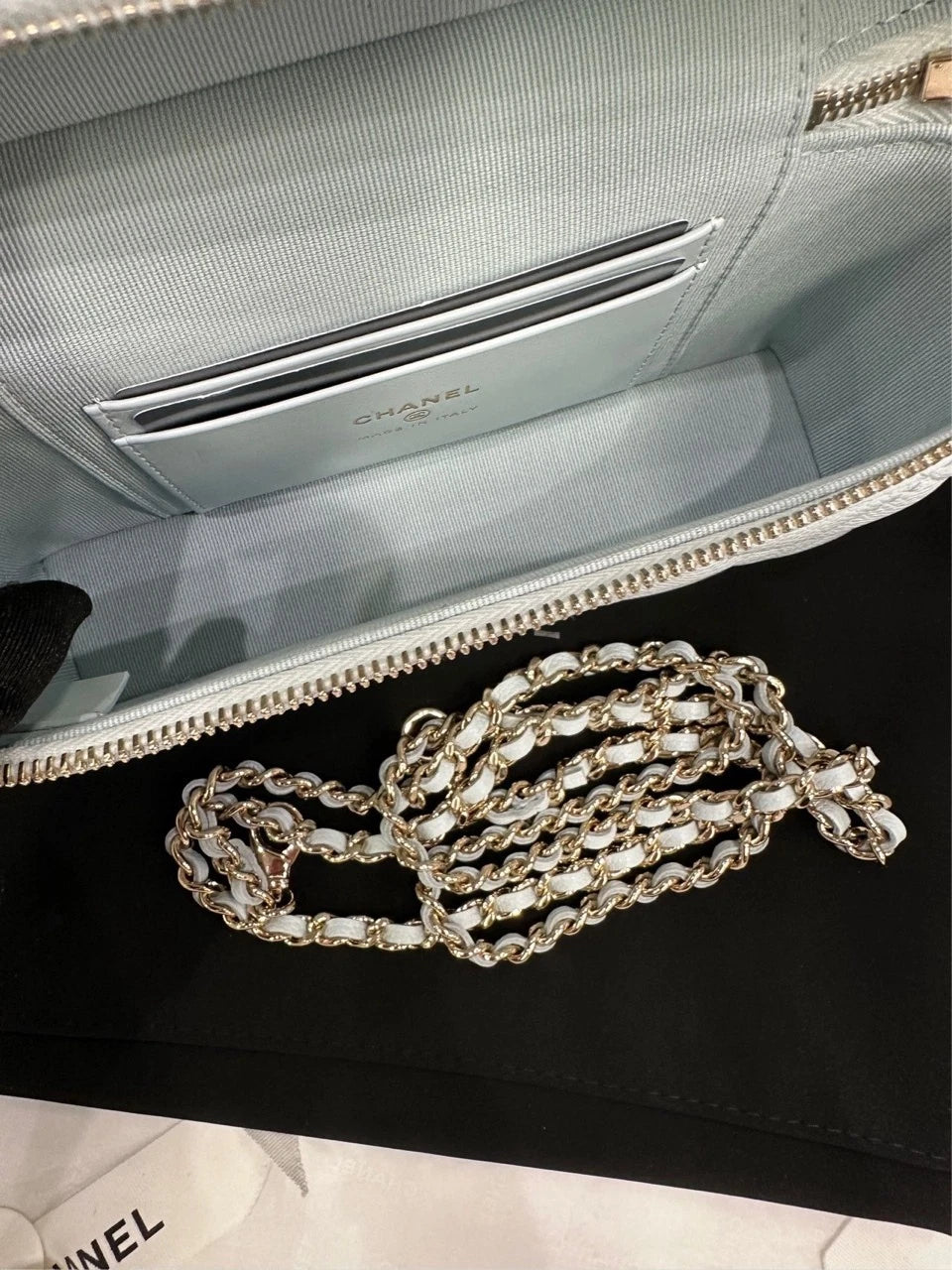 Chanel Light Blue Leather Detachable Gold Chain Lunch Box Bag For Women