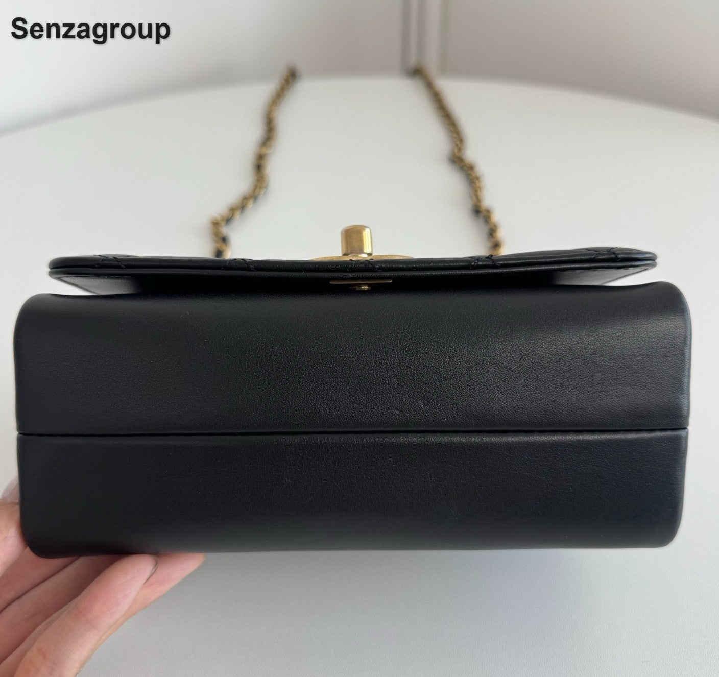 Chanel Diamond Chain Calfskin Top Handle Shoulder Crossbody Black Gold Women
