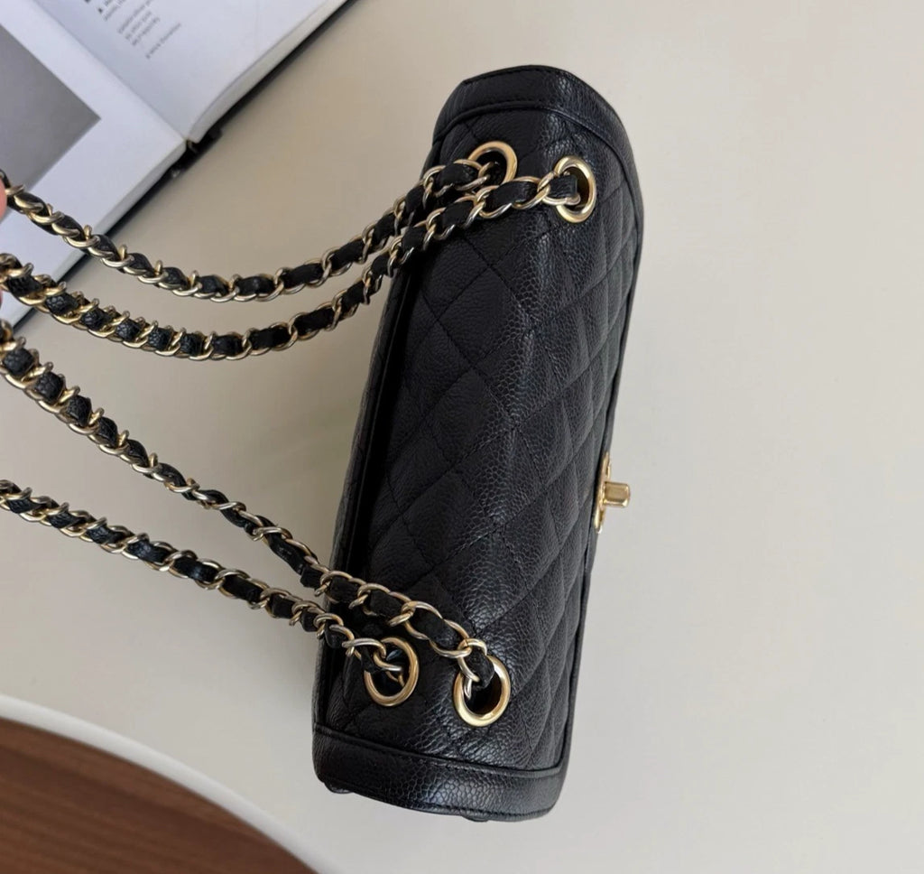 Chanel Diana Flap Bag PM Chain Shoulder Crossbody Black Gold Used Women Classic