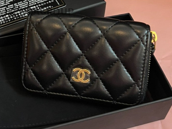 CHANEL Diamond pattern Wallet Black Gold Women Almost Brand NEW
