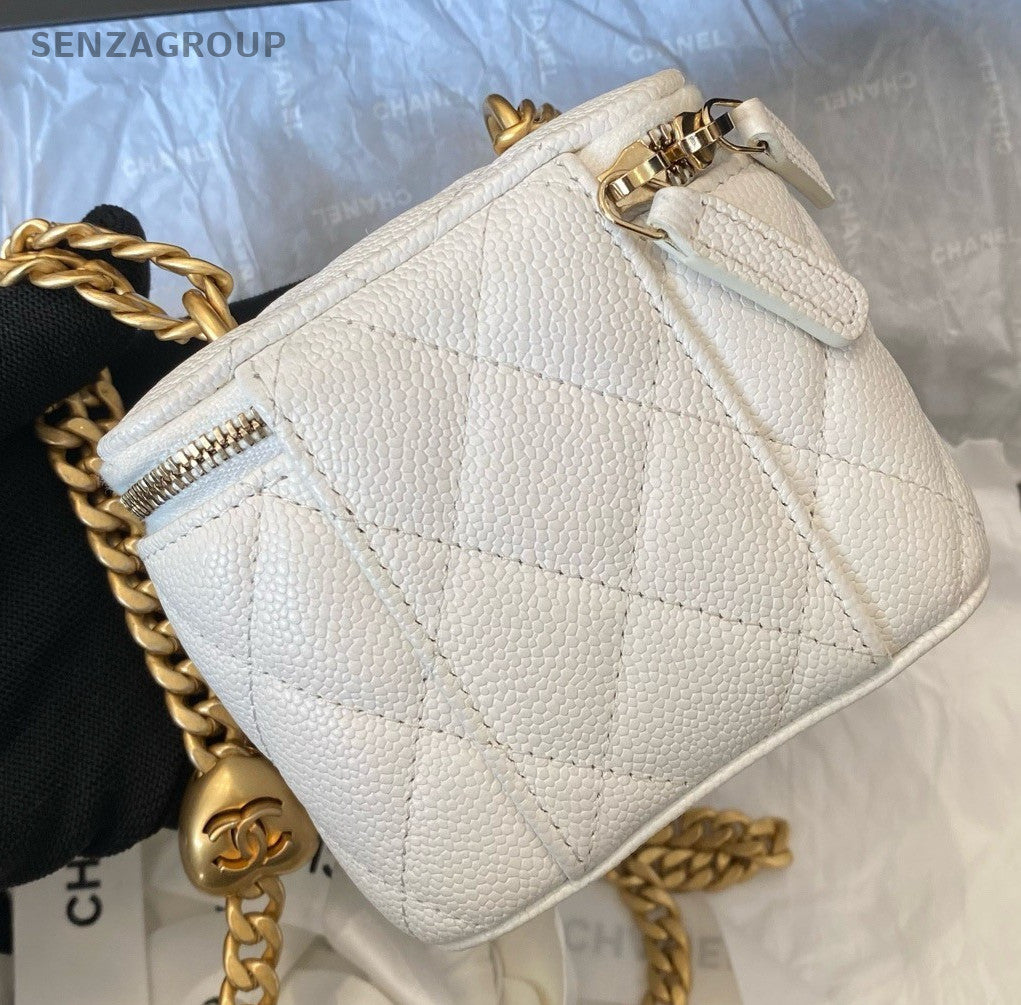 Chanel Vanity Case Calfskin Chain Shoulder Bag Crossbody White Gold Women