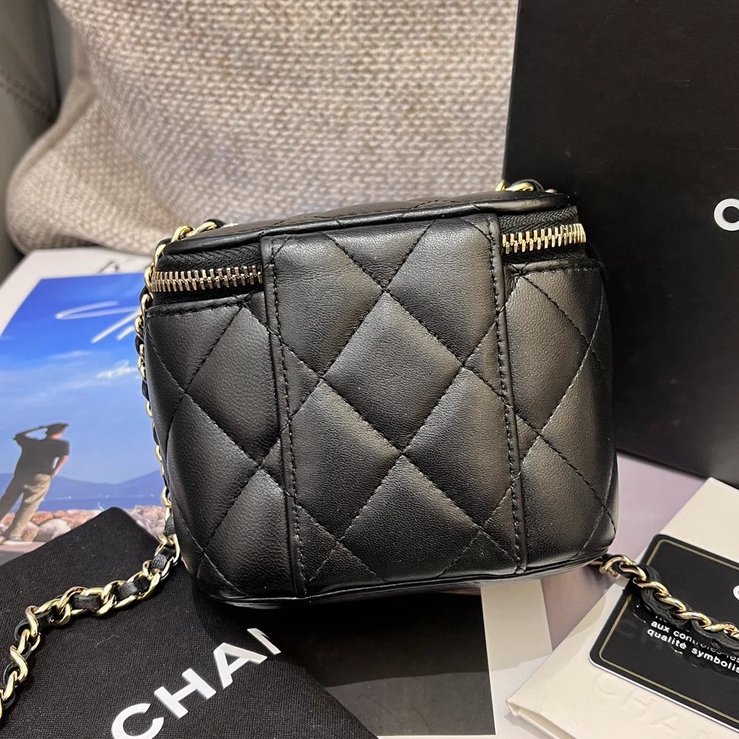 Chanel Lambskin Mini Vanity Case Chain Crossbody Black Gold Diamond Women