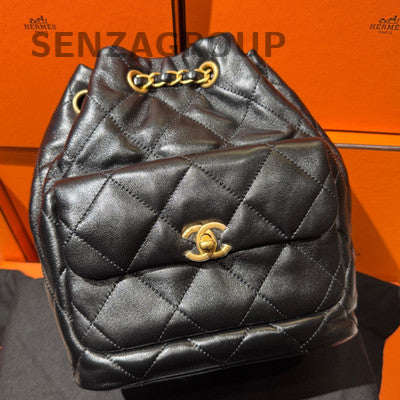 Chanel 25S Black Gold Chain Drawstring Backpack Quilted Women Fashion