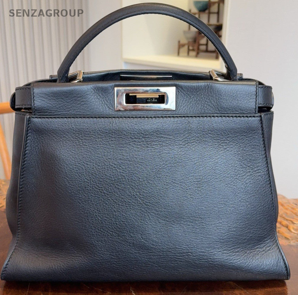 Bolsa Fendi Peekaboo MM alça superior preta prata usada unissex adultos clássica-