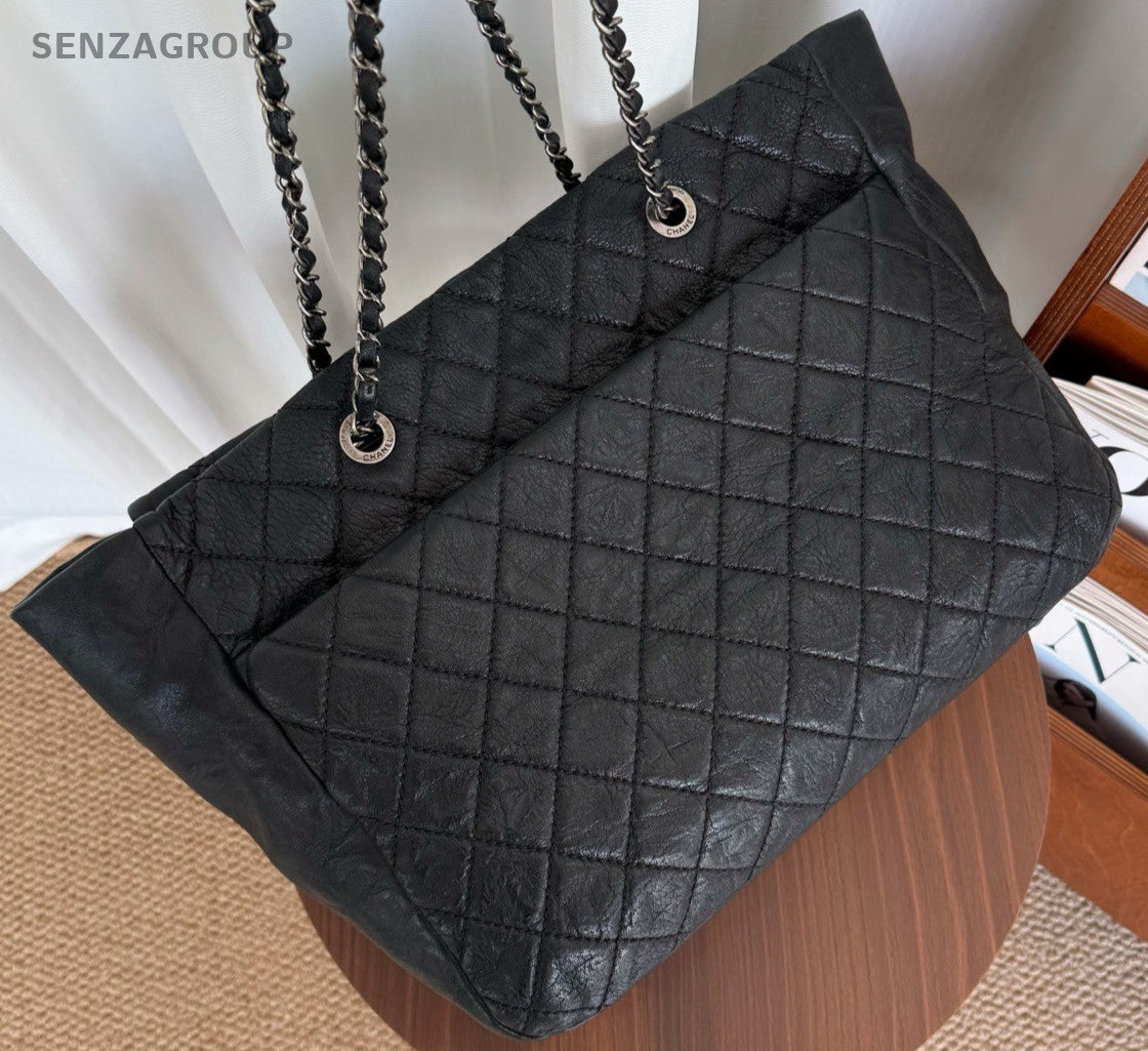 CHANEL Classic Flap Tote Calfskin Chain Shoulder bag Black Silver Women Handbag