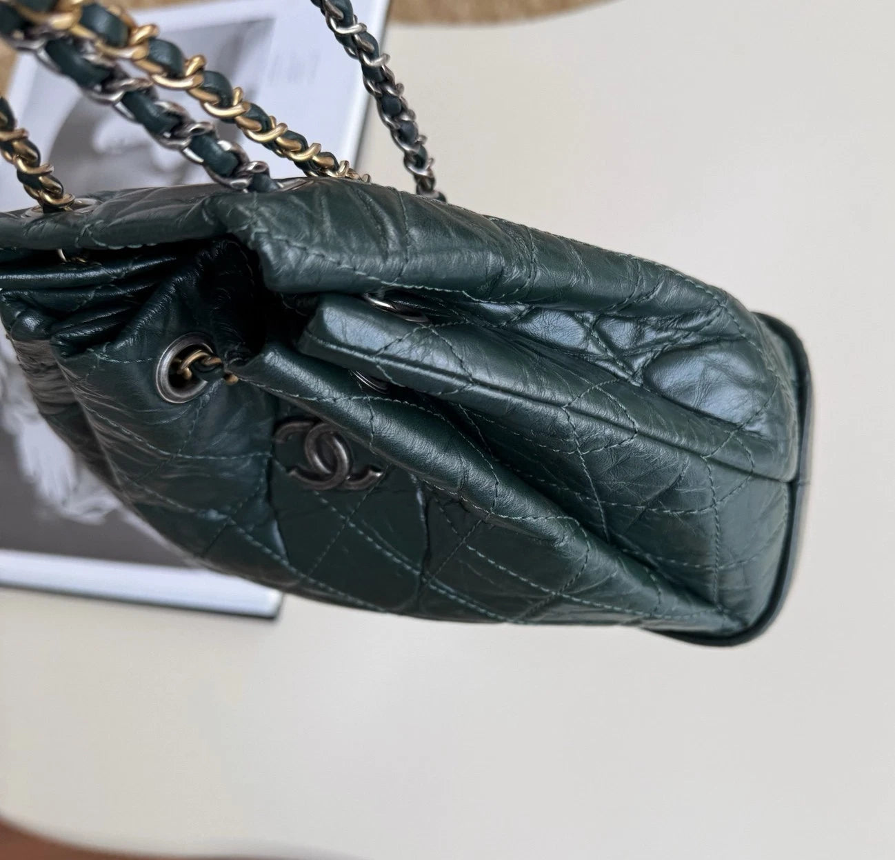 Chanel Gabrielle PM Chain Calfskin Backpack Green Gold Diamond Women Classic