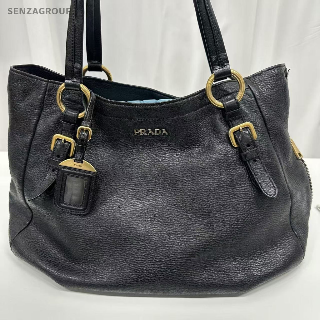 PRADA Black gold All Leather Tote Shoulder bag