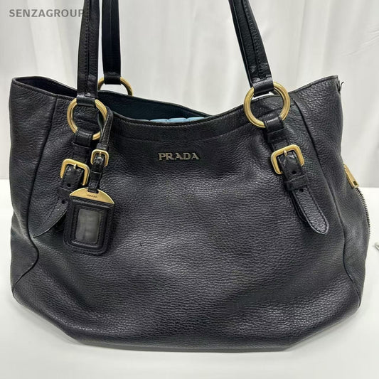 PRADA Black gold All Leather Tote Shoulder bag