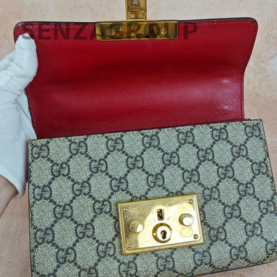 Gucci Padlock Small GG Canvas Chain Shoulder Crossbody Bag Red Brown Gold