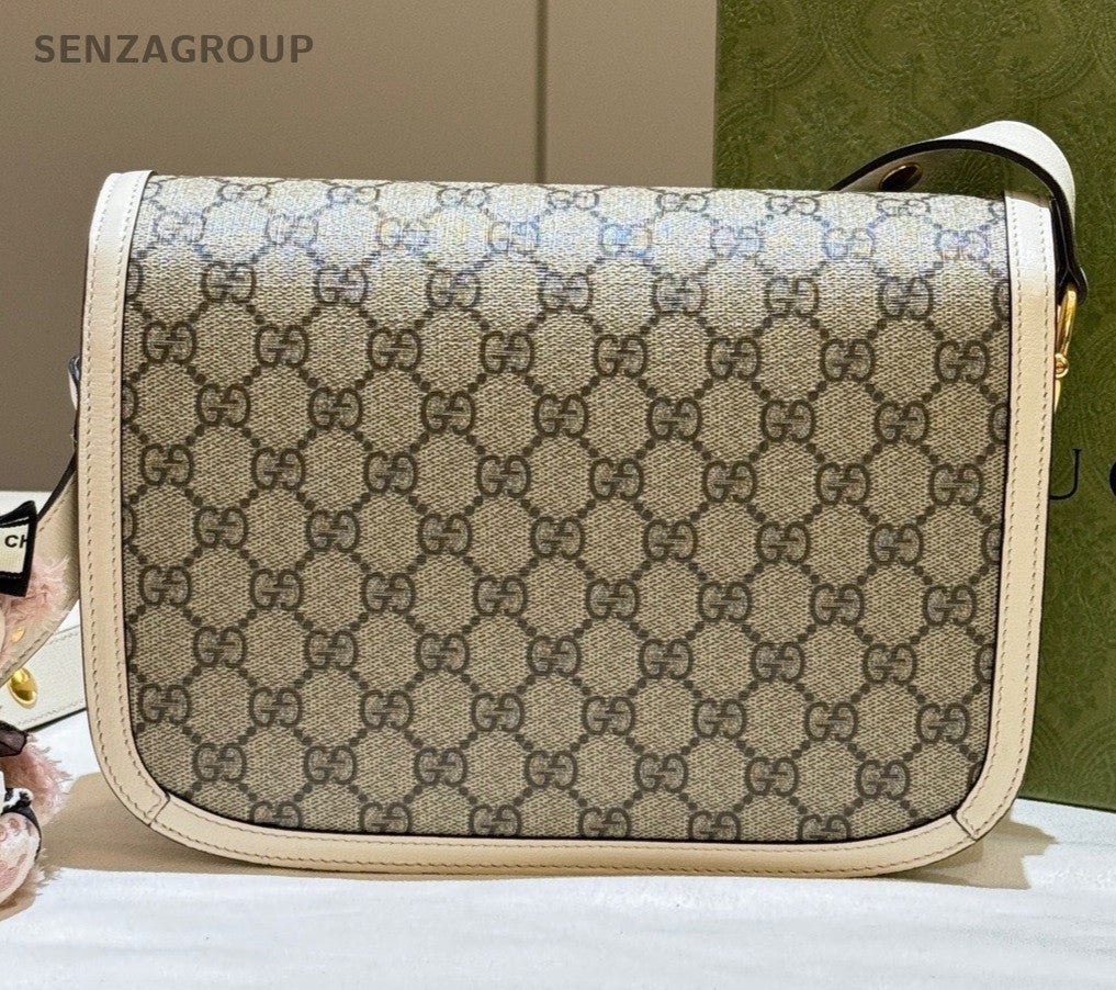 Gucci Saddle Ophidia MM Shoulder Bag Crossbody White Gold Women Classic