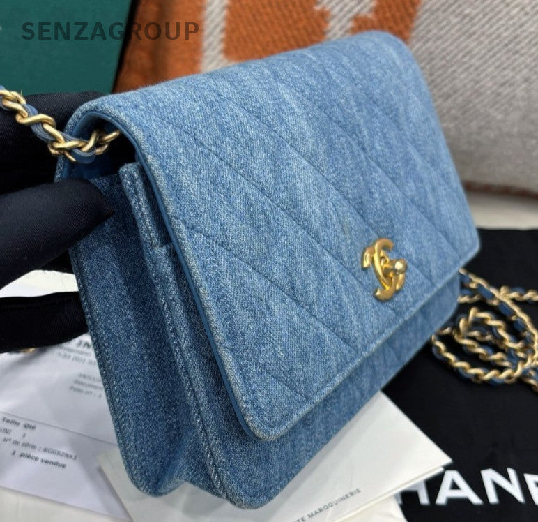 Chanel WOC Denim Chain Shoulder Bag Crossbody Diamond Blue Gold Women Classic