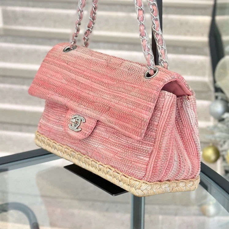 Chanel Classic Flap MM Tweed Chain Shoulder Bag Crossbody Pink Silver Women S