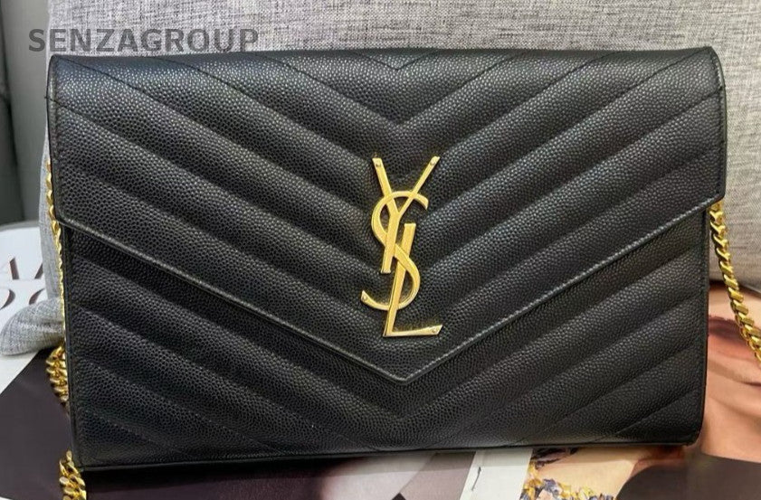 Saint Laurent WOC Calfskin Chain Shoulder Bag Black Gold Used Women Classic