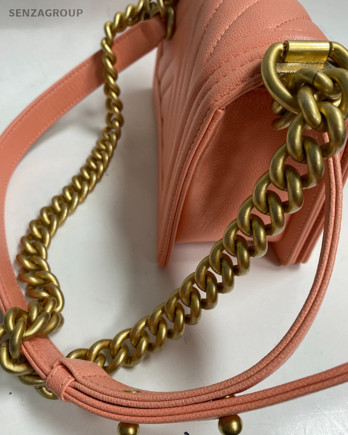 Chanel Leboy PM Chain Shoulder Bag Pink Gold Chevron Women Classic Fashion