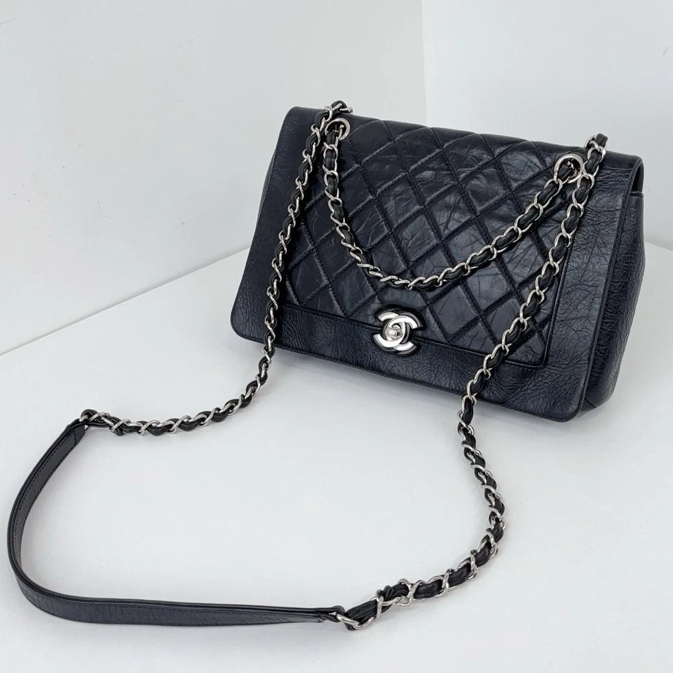 Chanel Water Shine Calfskin Black Silver Crossbody Bag Women Classic